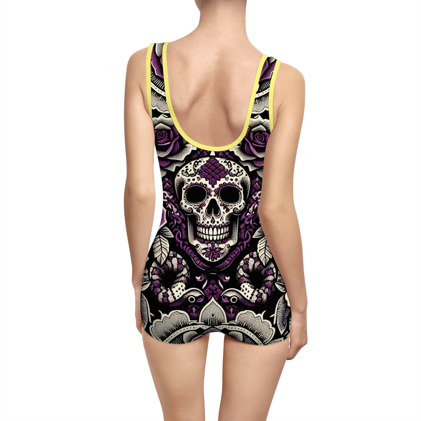 Women's Vintage Skull Swimsuit - Retro Floral Design for Beach and Pool