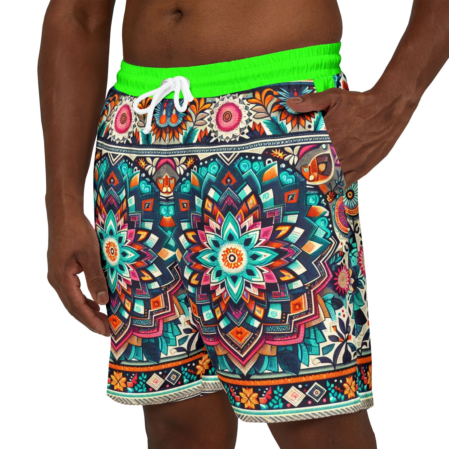 Vibrant Mandala Unisex Swim Shorts - Colorful Beachwear for Summer Fun