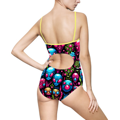 Colorful Alien Print Women's One-Piece Swimsuit - Perfect for Beach Days & Pool Parties
