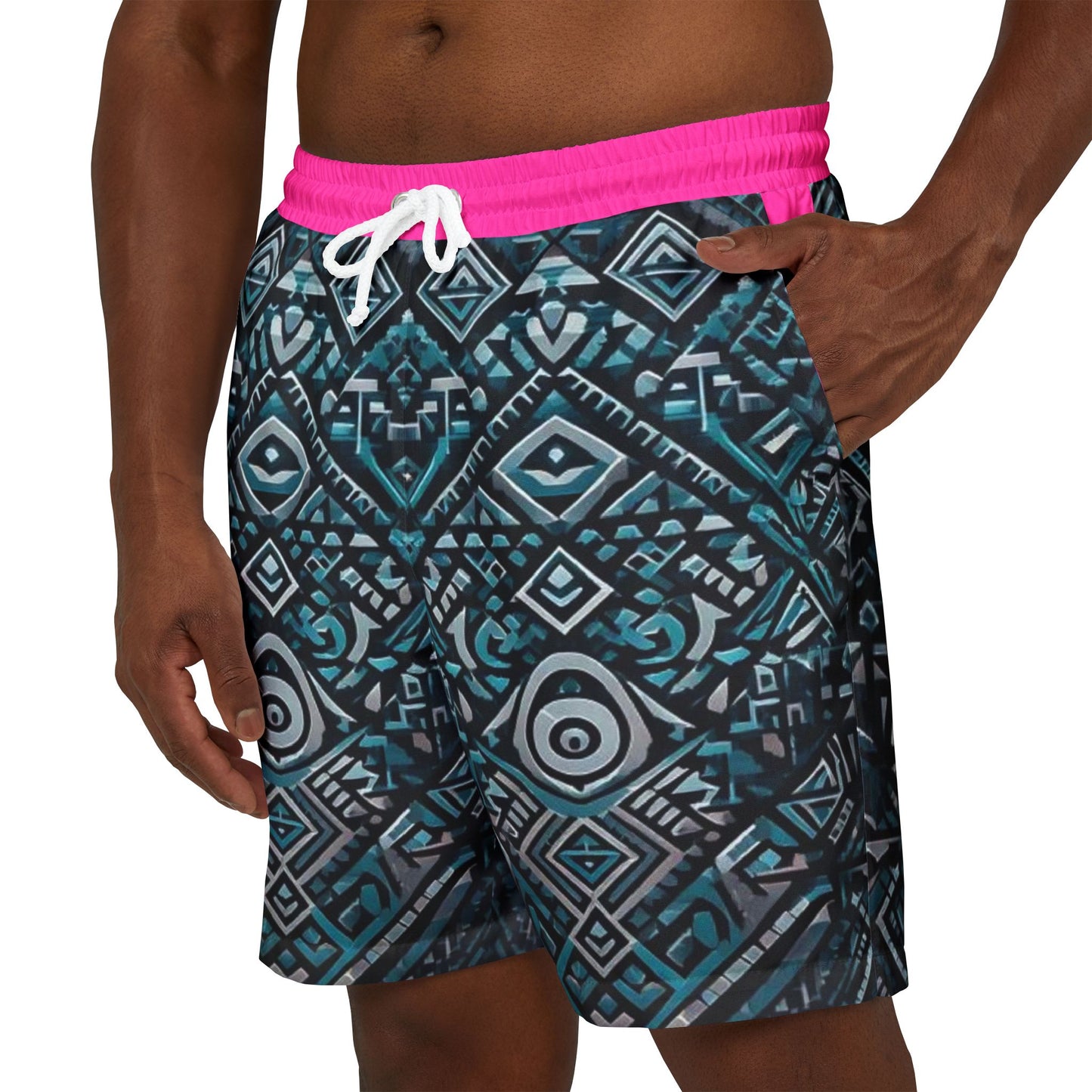 Trendy Unisex Swim Shorts with Vibrant Aztec Pattern