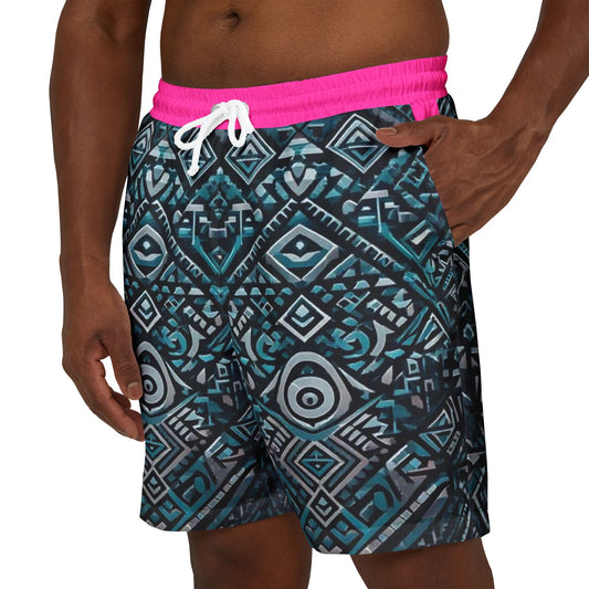 Trendy Unisex Swim Shorts with Vibrant Aztec Pattern